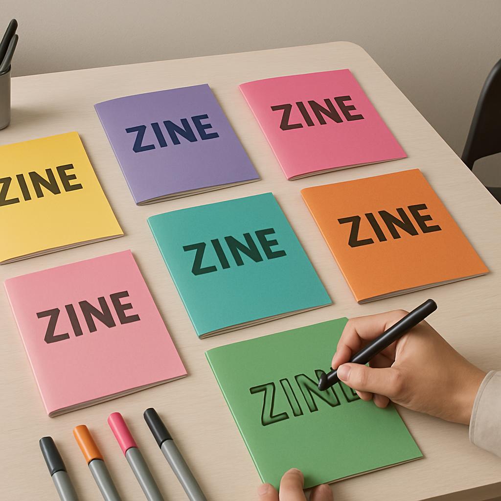 Title: Collection of Zines on Desk Medium: Image