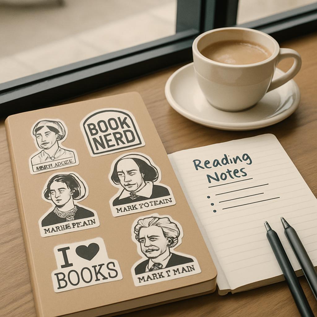 Two books, one open, featuring a pen, a coffee cup, and a window in the background.